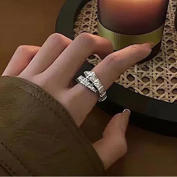 Silver Zircon Snake Bangle Bracelet Ring Set, Luxury - Picture 4 of 8